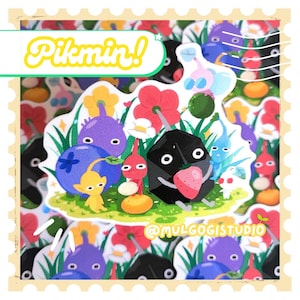 Op de afbeelding: Een sticker met een zwarte Pikmin met een rode aardbei in zijn mond. De Pikmin wordt omringd door andere Pikmin, waaronder een paarse Pikmin, een rode Pikmin en een gele Pikmin. De sticker bevat ook een bosbes, een bloem en groen gras. De sticker is gelabeld met "@mulgogistudio".
