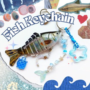 Kurzer Fisch Schlüsselanhänger mit Perlenschmuck / Fisch Köder Schlüsselanhänger / Schmuckstück / Kawaii Y2K Fisch Taschenanhänger Ästhetik / Handgemacht / Heisei Retro