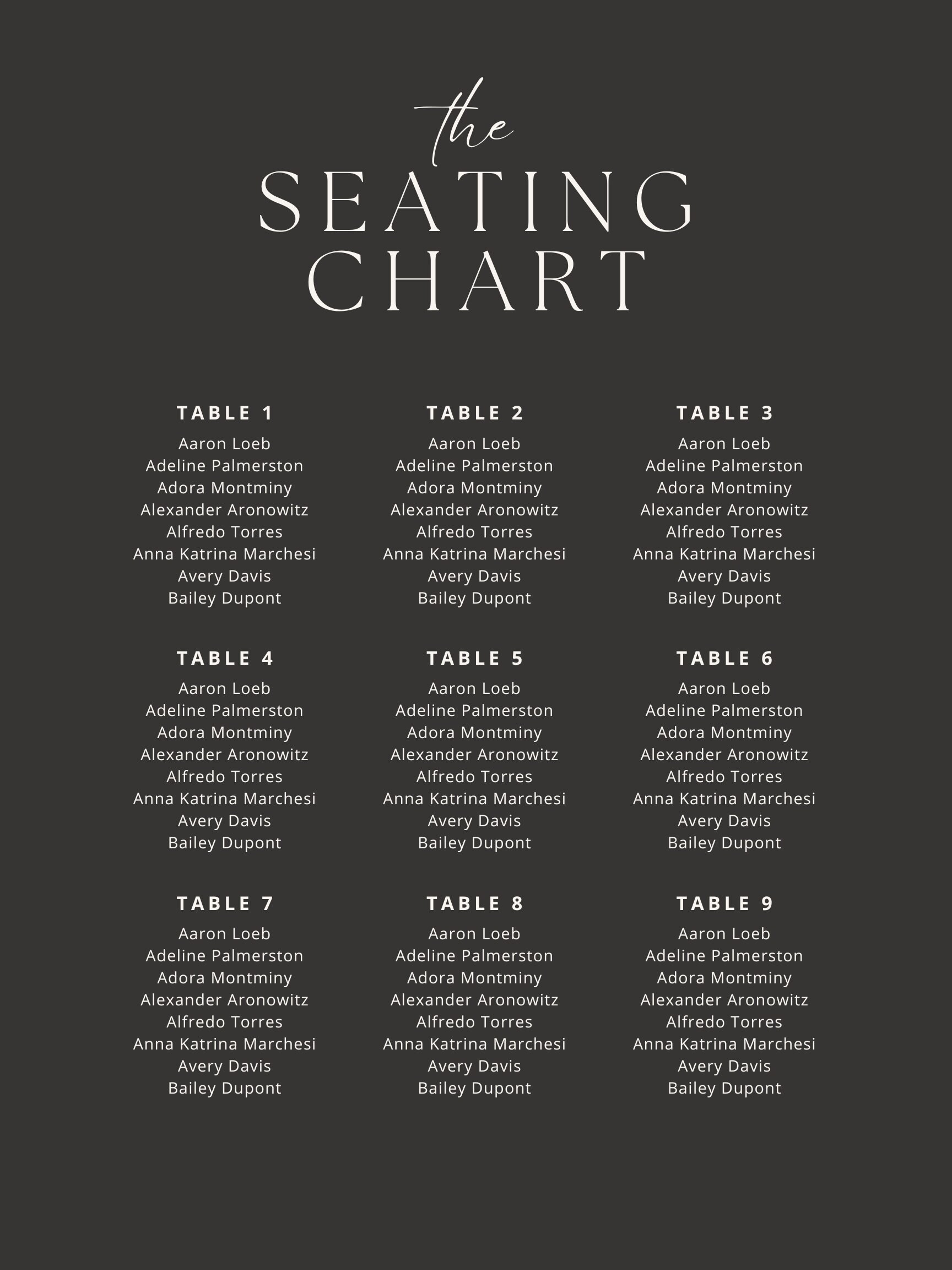 Timeless Wedding Seating Chart Printable Editable INSTANT Download
