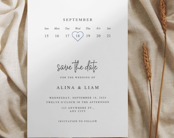 Minimalist Save the Date Calendar Wedding Invitation, Digital Template, Customizable