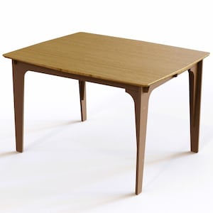 May include: A rectangular wooden table with a light brown top and four brown legs. The table has a simple design with slightly curved legs.