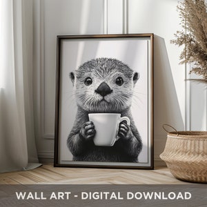 Otter Kunstdruck Poster Seeotter Kaffee Poster Otter Liebhaber Geschenk Lustiger Otter Kaffee Liebhaber Geschenk Schwarz Weiß Otter Geschenk Druck Digitaler Download