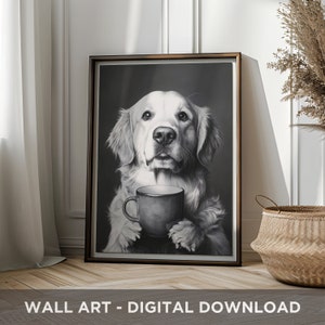 Golden Retriever Wall Art Golden Retriever Drinking Coffee Dog Lover Gift Funny Dog Coffee Lover Gift Black and White Print Digital Download