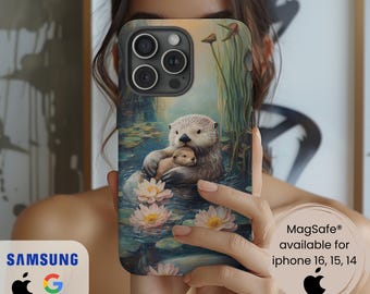 Cute Otter Phone Case Oil Painting iPhone MagSafe Samsung Galaxy Google Pixel Otter Lover Phone Casing Sea Otter Baby & Flowers Phone Cover