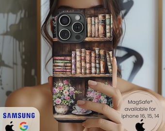 May include: A phone case with a vintage bookshelf design. The case shows a detailed illustration of bookshelves filled with books, a floral arrangement, and a teacup. Available for iPhone 16, 15, and 14 models.
