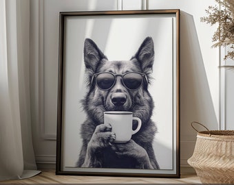 German Shepherd Art Print German Shepherd Drinking Coffee Dog Lover Gift Funny Dog Coffee Lover Gift Black and White Print Digital Download