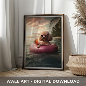 May include: A brown poodle wearing pink sunglasses floats in a pink inflatable ring in the ocean. The poodle is holding a glass of orange juice with a red straw. The background is a sunset over the ocean with palm trees on the beach.