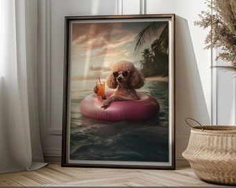 Lustiges Pudel Chillen am Strand Poster Pudel mit Sonnenbrille am Schwimmbad Hund Floating in Pool Poster Pudel-Liebhaber Niedliche Pudel-Kunst