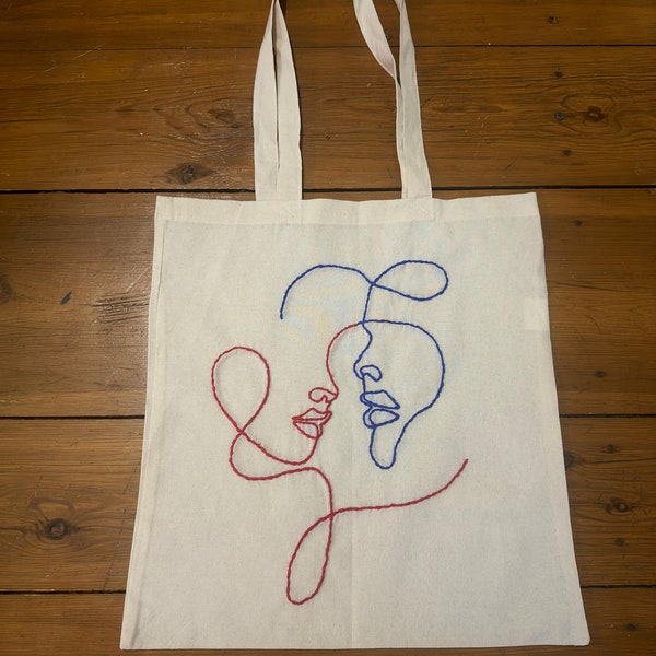 Handbestickte Stofftasche / Jutebeutel (Line Art - Couple)