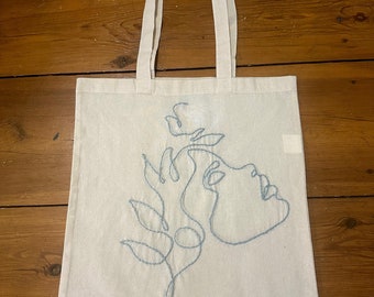 Sac en tissu / sac en jute brodé à la main (Line Art - Face)