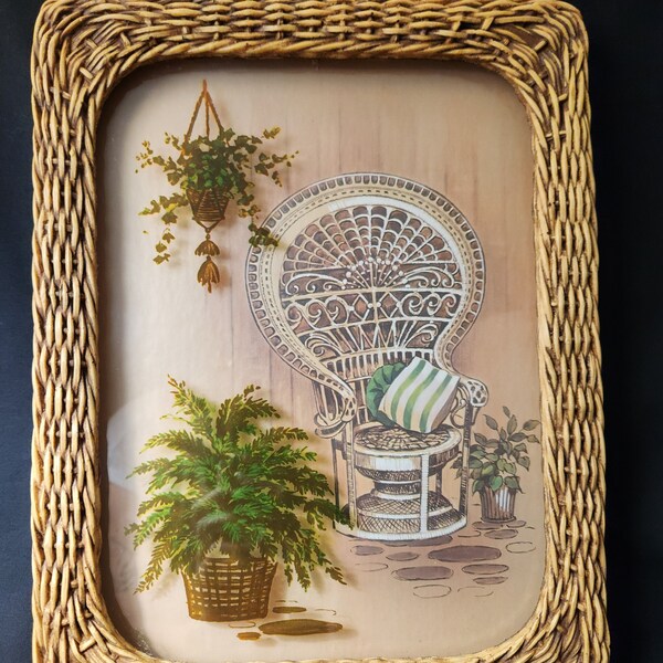 Vintage Picture from 1970s Boho Style - Peacock Fan Chair with Ferns and Macrame with Faux Wicker Frame