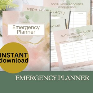 Puede incluir: Un planificador de emergencias con un dise&ntilde;o de acuarela suave en rosa, dorado y verde. El planificador incluye secciones para contactos m&eacute;dicos, cuentas de redes sociales e informaci&oacute;n bancaria y de inversi&oacute;n. Las palabras "Emergency Planner" e "Instant Download" son visibles.