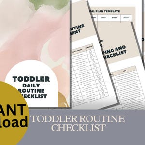 Könnte beinhalten: Digitaler Download mit einer Checkliste für die tägliche Routine von Kleinkindern. Das Bild enthält einen goldenen Kreis mit den Worten "INSTANT download" und einen weißen Kreis mit dem Text "TODDLER DAILY ROUTINE CHECKLIST". Die Checkliste befindet sich auf weißem Hintergrund.