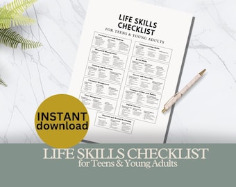 May include: A black and white printable checklist titled "Life Skills Checklist for Teens & Young Adults". The checklist includes categories such as Personal Care and Hygiene, Household Management, Cooking and Nutrition, Financial Management, Time Management, Communication Skills, Social Skills, Career and Education, Transportation and Safety, Digital Literacy, Physical and Mental Well-being.