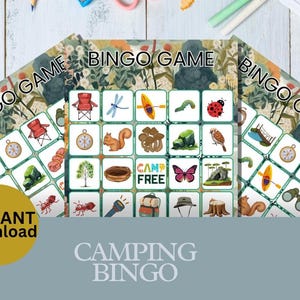 Jogo de bingo para acampamento para impressão, atividade divertida para a família, 15 cartas para crianças, jogos de acampamento de verão, fácil de imprimir, jogo divertido para a família, bingo ao ar livre MP1