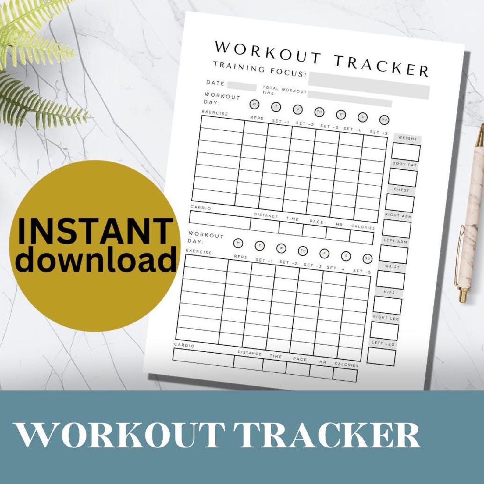 Workout Tracker Printable Daily Exercise Log Fitness Journal, Workout ...