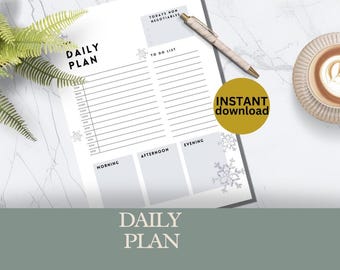 May include: A white daily planner with the words "DAILY PLAN" in black. The planner includes sections for time-based scheduling, a to-do list, and notes. A pen, a cup of coffee, and a fern are also in the image.