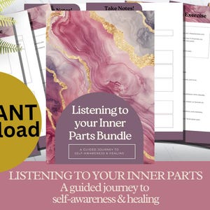 Puede incluir: Un paquete de hojas de trabajo y gu&iacute;as imprimibles con el t&iacute;tulo "Listening to your Inner Parts Bundle". La portada presenta un dise&ntilde;o de m&aacute;rmol en tonos rosa y dorado. Las palabras "Descarga instant&aacute;nea" est&aacute;n en un c&iacute;rculo amarillo.