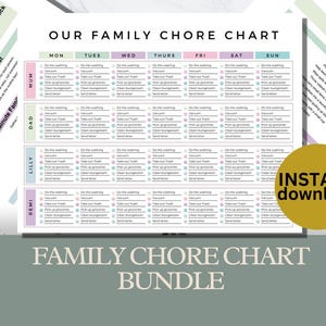 May include: A family chore chart bundle with a colorful design. The main chart is divided into days of the week and includes chore lists for each family member. Additional pages offer chore ideas and tips. The words "INSTANT download" are visible.
