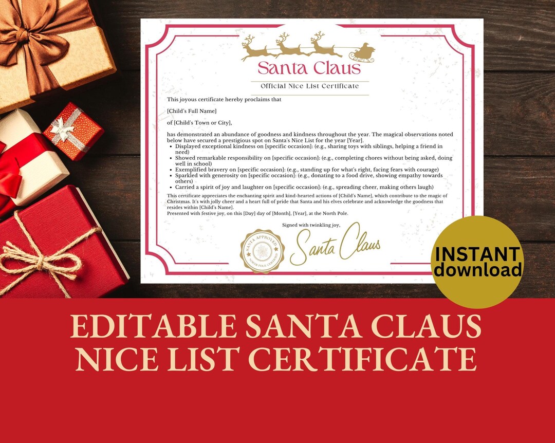 Editable Santa Claus Nice List Certificate Official Santa Letter ...