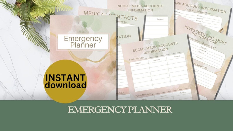 Puede incluir: Un planificador de emergencias con un dise&ntilde;o de acuarela suave en rosa, dorado y verde. El planificador incluye secciones para contactos m&eacute;dicos, cuentas de redes sociales e informaci&oacute;n bancaria y de inversi&oacute;n. Las palabras "Emergency Planner" e "Instant Download" son visibles.