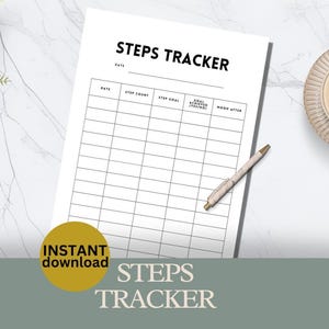 May include: A printable steps tracker with columns for date, step count, step goal, goal achieved, and mood after. The tracker is designed to help you track your daily steps and progress towards your fitness goals.