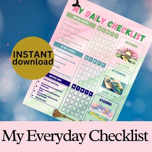 May include: A pink and green printable checklist for kids with a witch theme. The checklist is divided into sections for morning, afternoon, and evening. Each section has a picture and a list of tasks to complete. The text on the checklist says "My Daily Checklist".