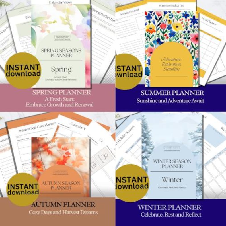 May include: Four seasonal planners are displayed, including Spring, Summer, Autumn, and Winter. Each planner has a distinct design with floral and nature-inspired illustrations. The Spring planner features watercolour flowers, the Summer planner has colourful blooms, the Autumn planner has autumn leaves, and the Winter planner has a snowy scene. Each planner is available for instant download.