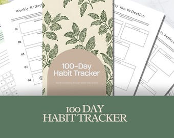 May include: A collection of white paper habit trackers with a green border. The central tracker features a beige cover with a green leaf pattern and the text "100-Day Habit Tracker". Other sheets include sections for weekly reflection and daily goals.