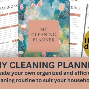 Puede incluir: Un conjunto de p&aacute;ginas imprimibles de planificador de limpieza con un dise&ntilde;o floral. El planificador central presenta el texto "My Cleaning Planner" y las palabras "Descarga instant&aacute;nea" est&aacute;n en un c&iacute;rculo dorado. La parte inferior de la imagen dice "Crea tu propia rutina de limpieza organizada y eficiente para tu hogar."