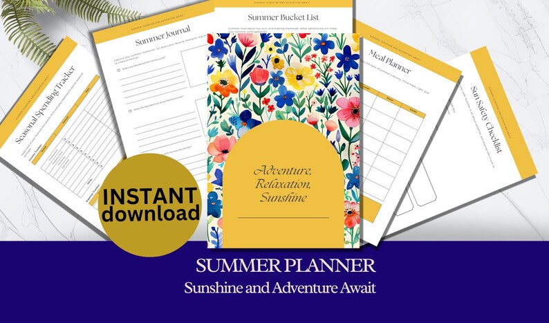 May include: Printable summer planner pages with a floral design. Includes a summer bucket list, meal planner, and spending tracker. The central page features the text "Adventure, Relaxation, Sunshine."