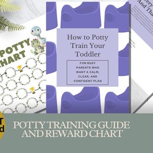 May include: A potty training guide and reward chart set. The image features a "My Potty Chart" with dinosaur illustrations, a guide titled "How to Potty Train Your Toddler", and a page with text. The words "Instant Download" are also visible.