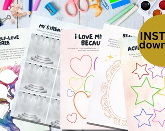 May include: Four printable worksheets for self-love and affirmation activities. The worksheets feature a self-love tree, a strength spotlight, a "I love myself because" heart activity, and a "Beautiful Achievements" star activity. The worksheets are printed on white paper with colorful accents.