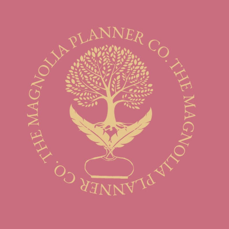 May include: A logo for The Magnolia Planner Co. is displayed on a pink background. The logo features a tree with a full canopy, roots, and two stylized feathers. The text "THE MAGNOLIA PLANNER CO." is in a circular pattern around the tree.