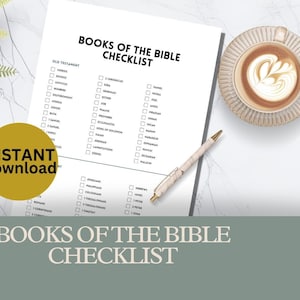 May include: A white checklist titled "BOOKS OF THE BIBLE CHECKLIST" with checkboxes, a pen, and a cup of coffee on a marble surface. A gold circle with the words "INSTANT download" is also present.