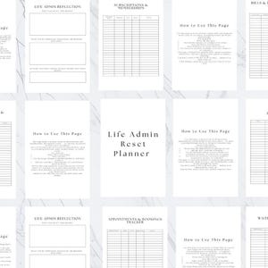 Puede incluir: Un planificador blanco con varias p&aacute;ginas para la organizaci&oacute;n. Las p&aacute;ginas incluyen secciones para suscripciones, facturas, plazos y reflexiones. El t&iacute;tulo del planificador, "Life Admin Reset Planner", est&aacute; centrado en una p&aacute;gina. El texto de las p&aacute;ginas proporciona instrucciones y avisos.