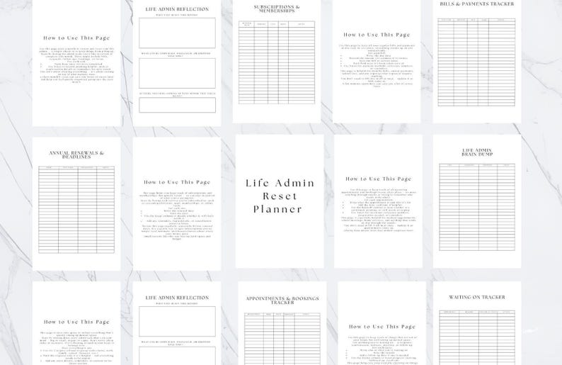 Puede incluir: Un planificador blanco con varias p&aacute;ginas para la organizaci&oacute;n. Las p&aacute;ginas incluyen secciones para suscripciones, facturas, plazos y reflexiones. El t&iacute;tulo del planificador, "Life Admin Reset Planner", est&aacute; centrado en una p&aacute;gina. El texto de las p&aacute;ginas proporciona instrucciones y avisos.