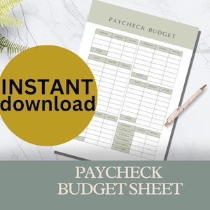 Peut inclure: Une feuille de budget imprimable avec le titre "PAYCHECK BUDGET" en haut. La feuille est divisée en sections pour les revenus, les dépenses et un résumé. Chaque section comporte des colonnes pour les montants budgétaires et réels.