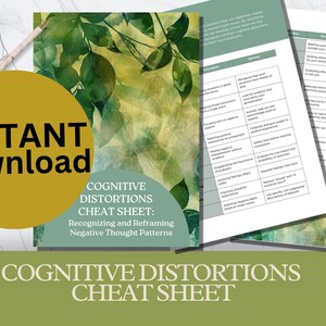 Puede incluir: Una hoja de trucos titulada "Distorsiones cognitivas" con el texto "Descarga instant&aacute;nea" en un c&iacute;rculo dorado. La hoja tiene un dise&ntilde;o de hojas verdes y blancas. El texto de la hoja dice "Reconocer y reformular patrones de pensamiento negativos."