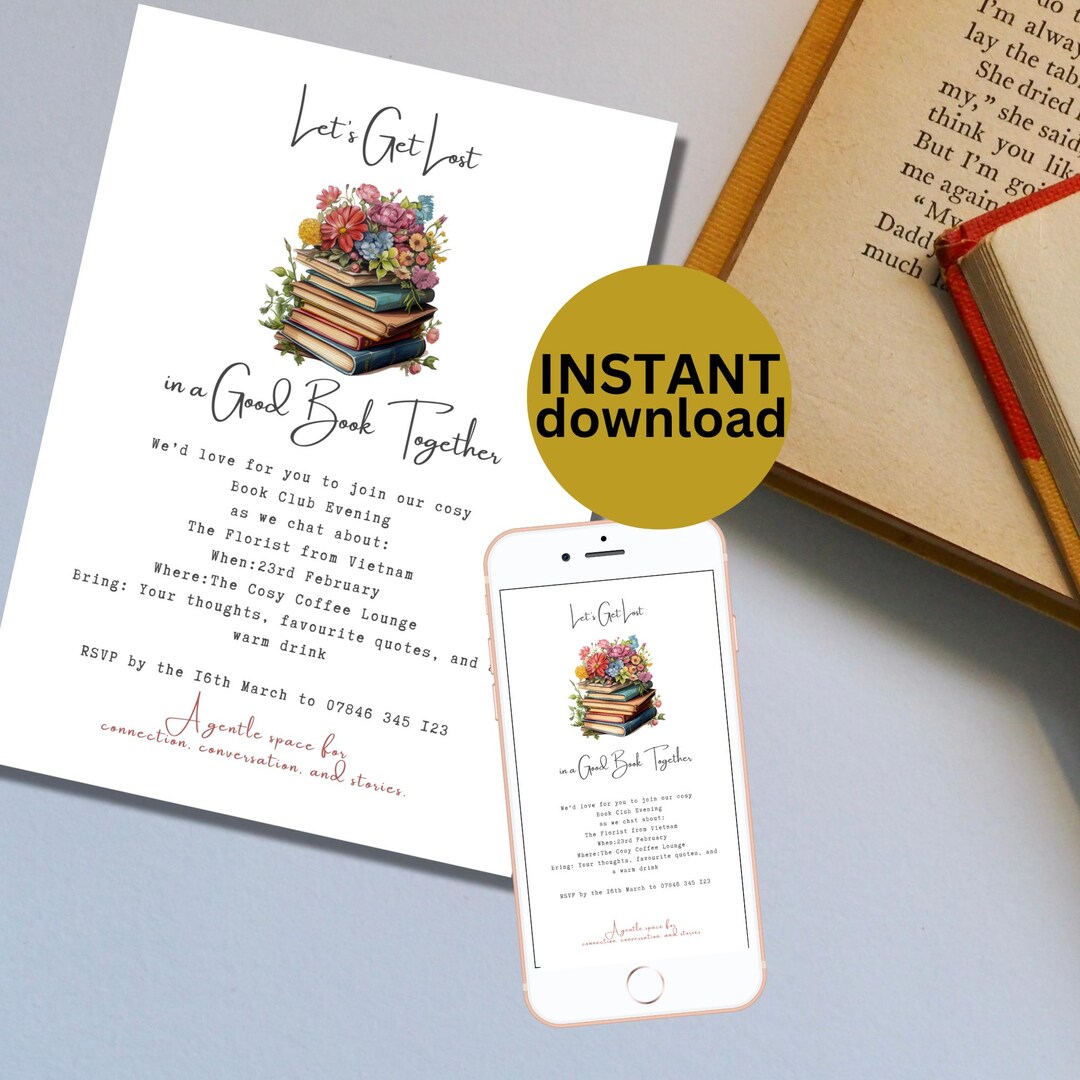 Reading Invitation Card Design Book Club Invitation: Editable Template for Cozy Reading Party ...