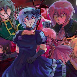 以下が含まれることがあります： 様々な表情のアニメ風キャラクターを描いたデジタルイラスト。中心人物は濃い青色のドレスを着ています。背景には満月と暗い赤色の配色が含まれています。