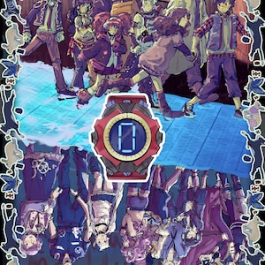 Op de afbeelding: Digitale horloge met een rode en zwarte behuizing, met het cijfer 0. De afbeelding toont een groep geïllustreerde personages in diverse outfits, omlijst door een rand van gestileerde dieren en vlinders. Thema: digitale kunst.