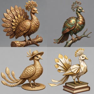 May include: A collection of four bird sculptures: a carved wooden peacock with floral details, a metallic bird with copper and teal patina on a branch, a woven straw-textured bird wearing a hat, and a geometric white and gold bird on books.