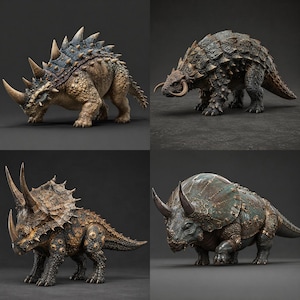 May include: A collection of four detailed dinosaur figurines. The top left shows an ankylosaur with spikes, the top right a textured armored dinosaur, the bottom left a triceratops with ornate plating, and the bottom right a blue-toned triceratops.