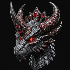 May include: A detailed illustration of a dragon's head, rendered in shades of gray and silver. The dragon is adorned with a crown and jewels in a deep red hue. The dragon's eyes glow red against the dark background.