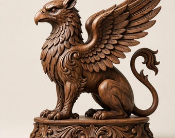 May include: A detailed wooden sculpture of a griffin, a mythical creature with the body of a lion and the head and wings of an eagle. The sculpture is brown with intricate carvings, including feathers, fur, and decorative scrollwork on the base.