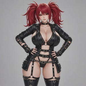 May include: A detailed figurine of a woman with red hair styled in pigtails. She wears a black leather jacket, a matching top, and thigh-high boots. The outfit includes multiple belts and a choker. The figure has a confident pose.