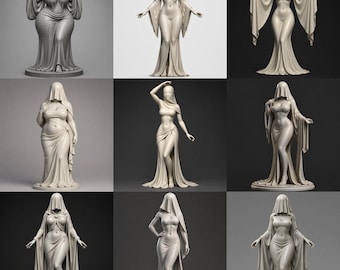 May include: A collection of nine grey monochromatic figurines depicting figures draped in flowing robes and veils. Each statue features a different pose, with some figures extending their arms outward while others stand with hands on hips, all rendered in a smooth finish.
