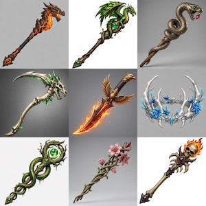 May include: A collection of nine fantasy-themed items including staffs, a scythe, a dagger, and a crown. The objects feature intricate designs such as dragon heads, snakes, skulls, flames, green leaves, pink flowers, and blue blossoms with metallic accents.