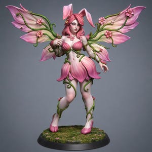May include: A figurine of a humanoid character with pink hair and long rabbit ears, wearing a petal-shaped outfit. The figure features large wings resembling pink flower petals with green vines, and is standing on a circular grassy base.